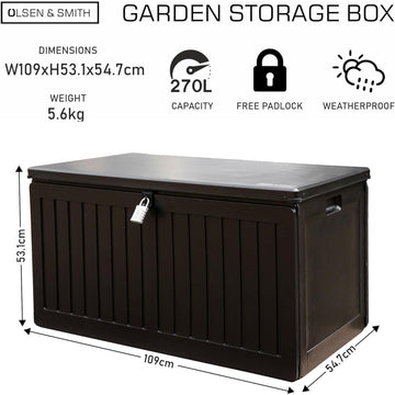 GRADE - A Olsen & Smith 270L MASSIVE Capacity Outdoor Garden Storage Box Plastic Shed - Weatherproof & Sit On with Wood Effect Chest - Packed Direct UK